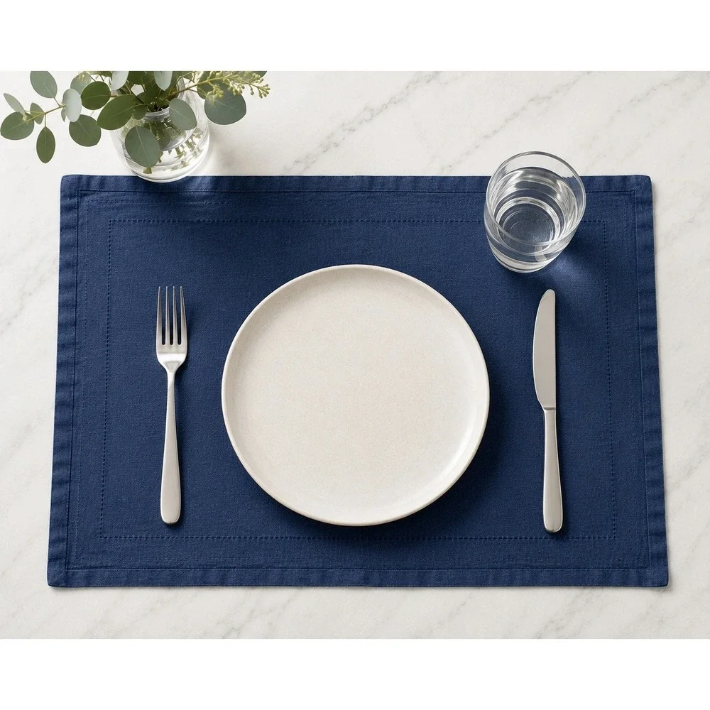 Set of 2 Pier 1 Imports Navy Blue Cotton Placemats Slub Knit Hemstitch Rectangle